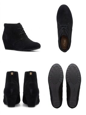 Clarks Artisan Suede Black Wedge Heeled Booties